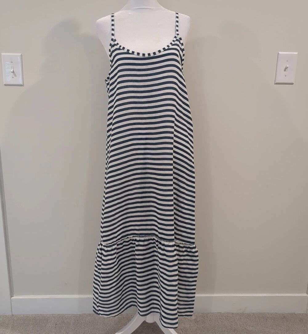 Francesca Bettini L Navy Blue White Stripe Beach Coastal Linen Midi Slip Dress